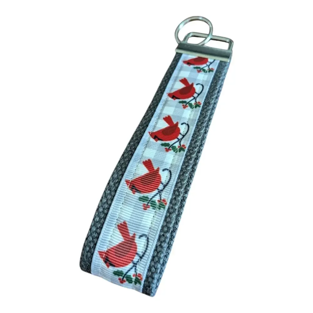 Cardinal Plaid Keychain Wristlet Handmade Key FOB Gray Winter Scene Bird Present